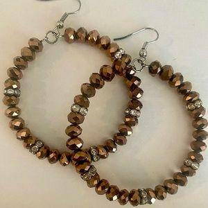 Bronze sparkle beaded hoop earrings with rhinestone motif